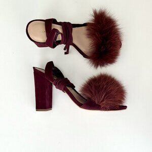 LOEFFLER RANDALL Nicolette Wine Suede Fur Trim Ankle Wrap Chunky Sandals Size 8